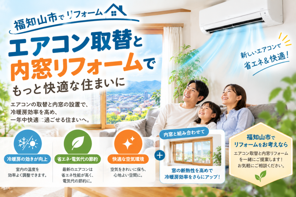 福知山市でリフォームを検討する方へ、エアコン取替と内窓を組み合わせた快適な住まいのイメージ